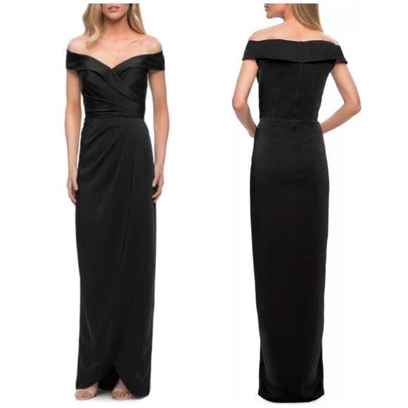 LA FEMME Surplice Off the Shoulder Column Gown in Black US 12